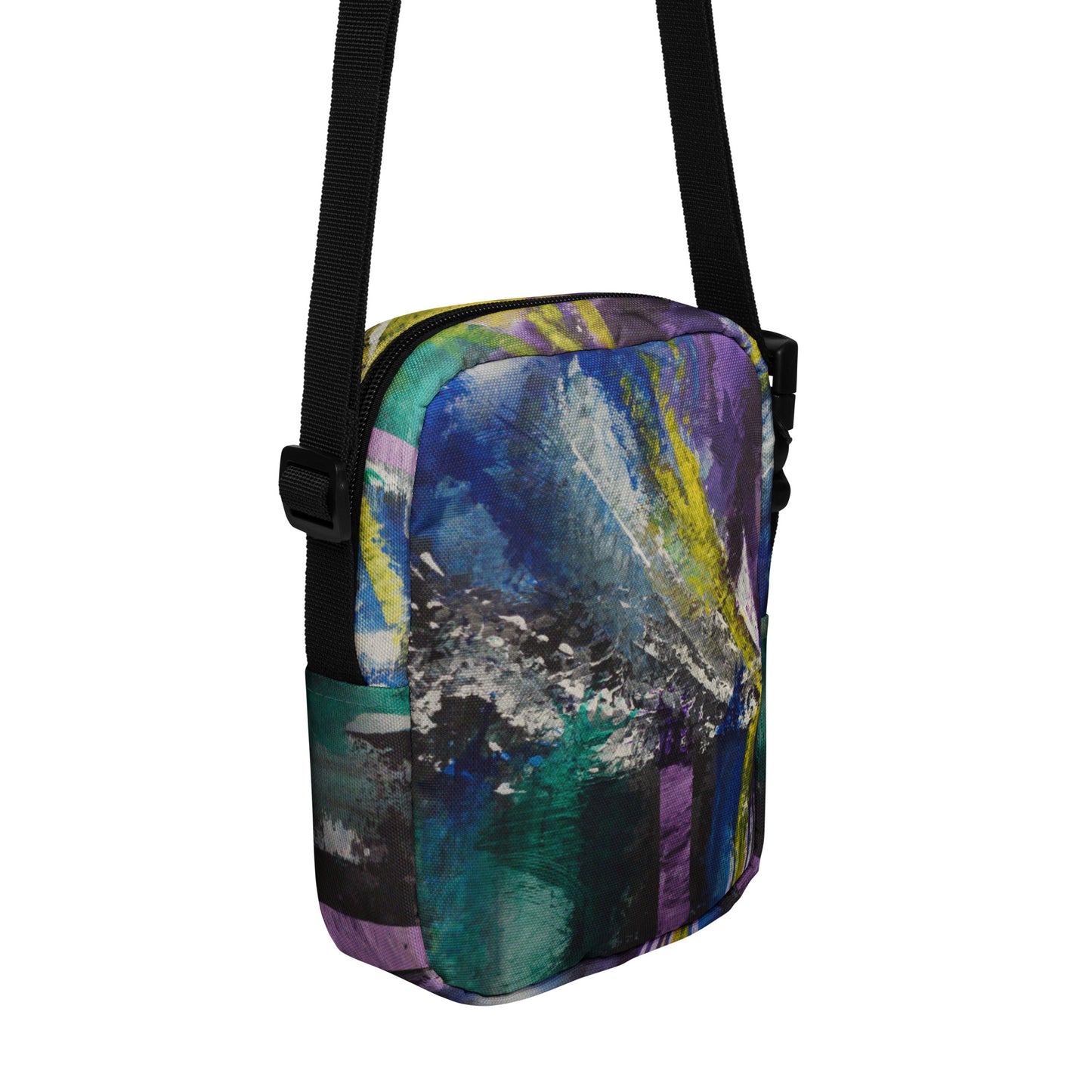 Coloré, sac à main unique. Toile abstraite Émergence. Blanc, jaune, noir, violet, turquoise, bleu.