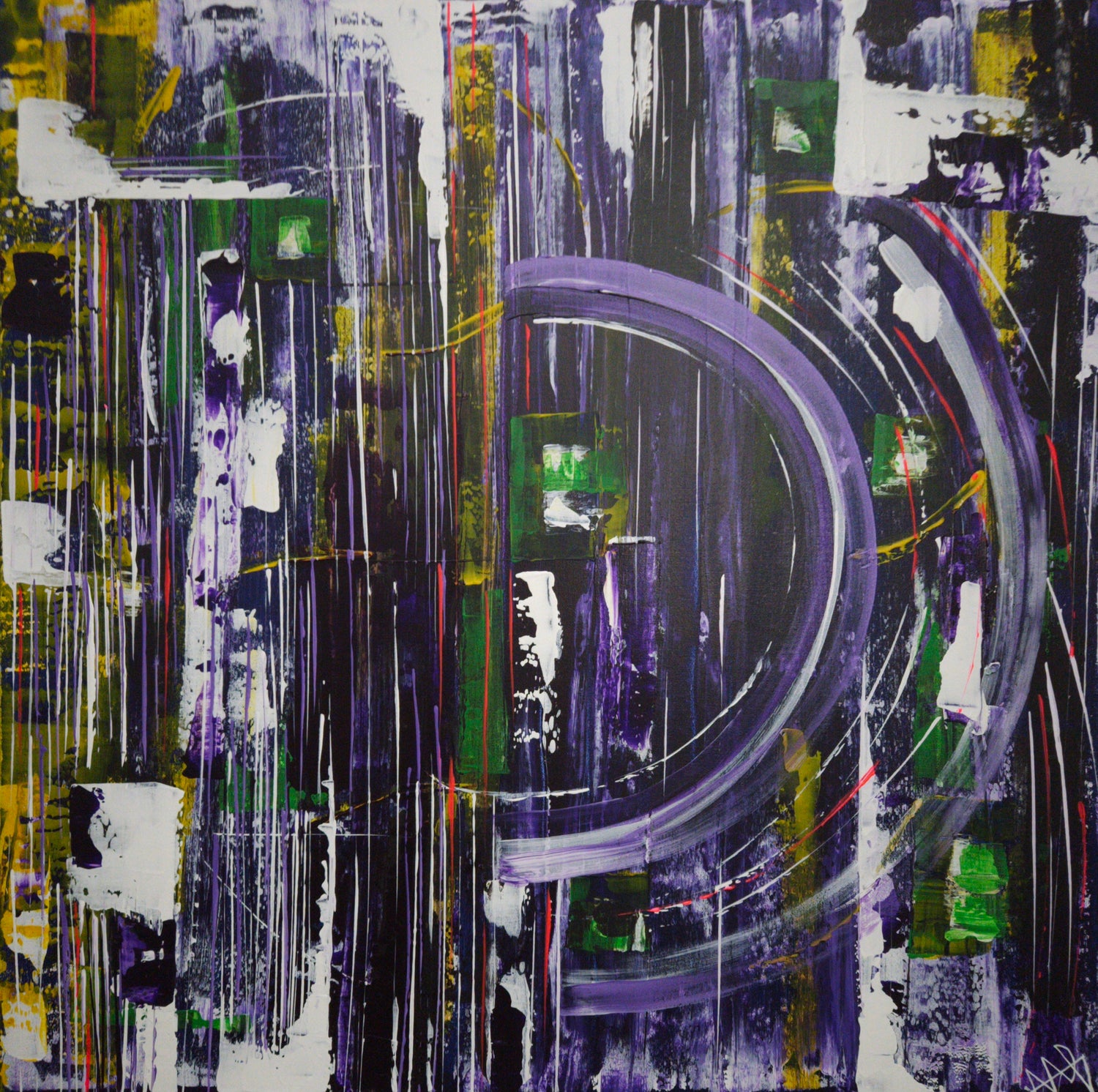 Toile abstraite L'infini, demi cercle, ligne , noir mauve bleu blanc jaune 