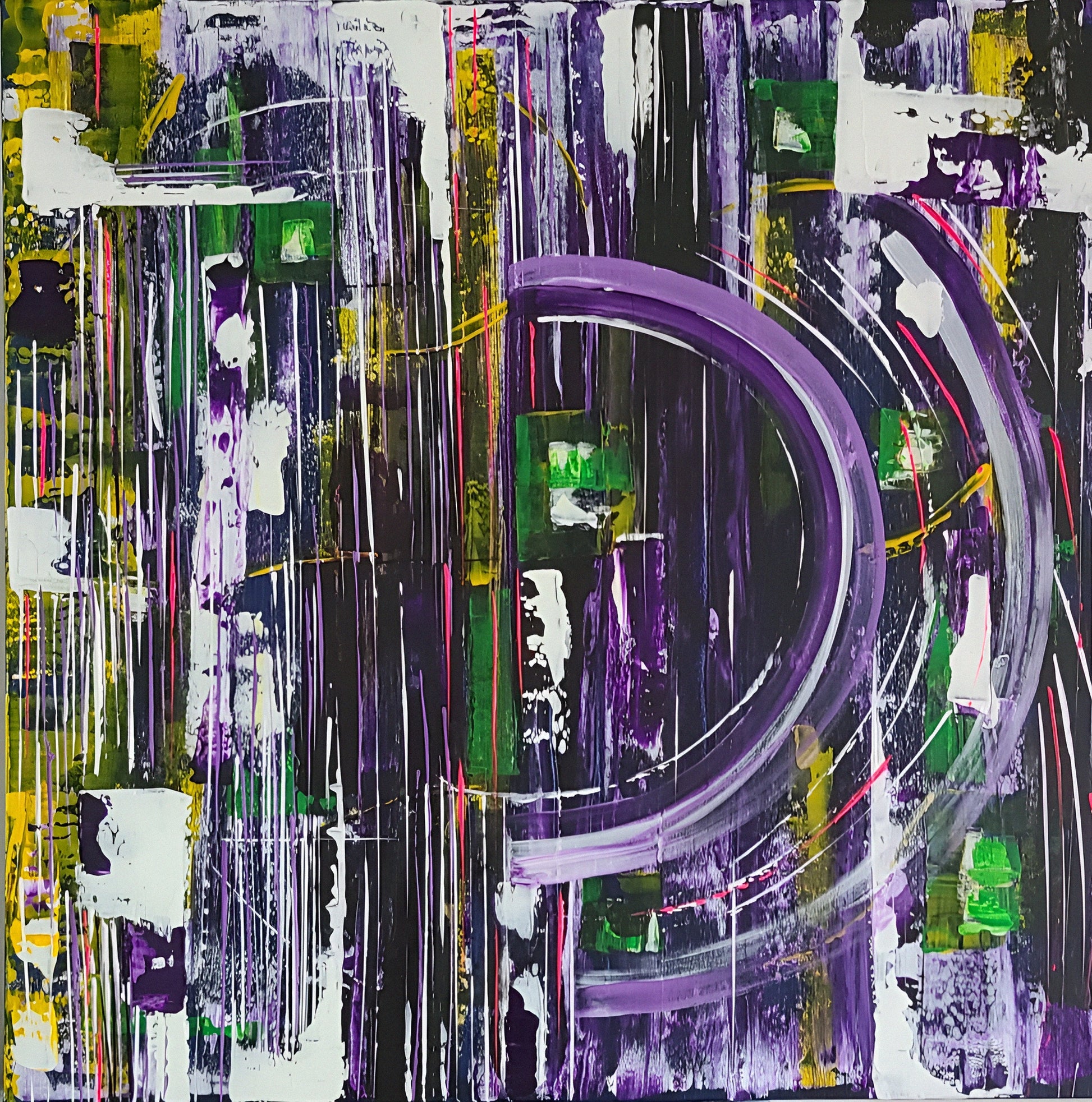 Coloré et original, oeuvre abstraite. Texturé, de qualité. Mauve , noir, blanc, noir, vert, jaune.