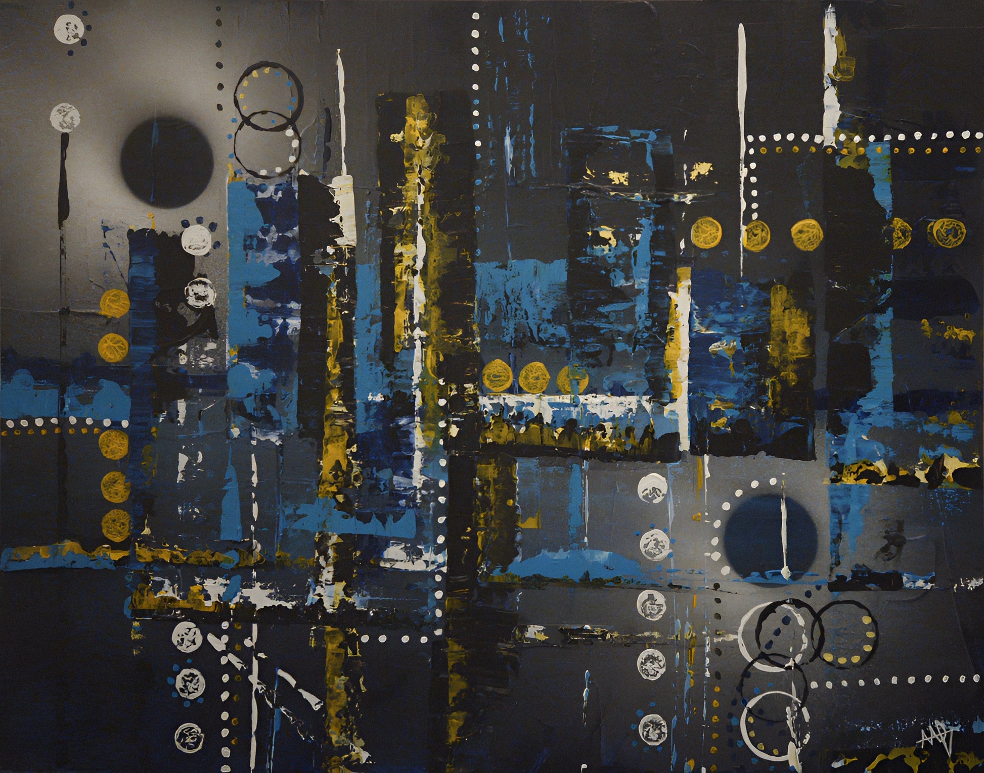Œuvre Éclipse Urbaine art abstrait . Couleur bleu noir doré blanc avec des cercles et des lignes. Unique et originale 