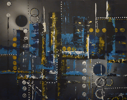 Œuvre Éclipse Urbaine art abstrait . Couleur bleu noir doré blanc avec des cercles et des lignes. Unique et originale 