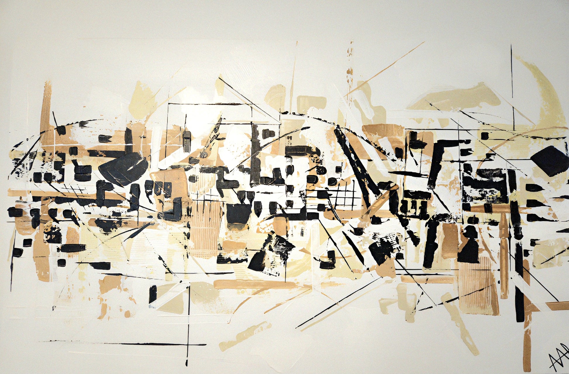 Oeuvre abstraite unique. Beige, blanc, noir, texturé. Ligne et texture.