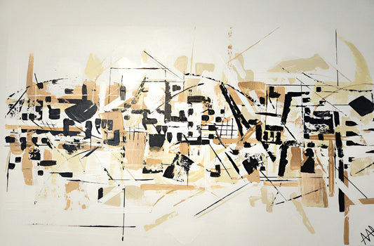 Oeuvre abstraite unique. Beige, blanc, noir, texturé. Ligne et texture.