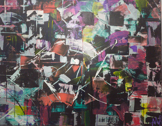 Toile coloré abstraite, peinte au couteau. Rouge, bleu, mauve, noir.