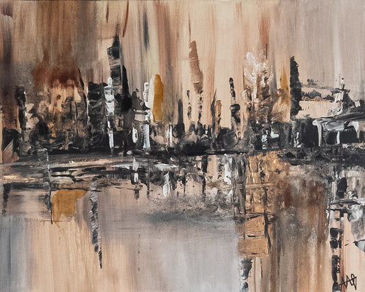 Toile abstraite unique, beige, noir, doré, blanc. Peinte au couteau.