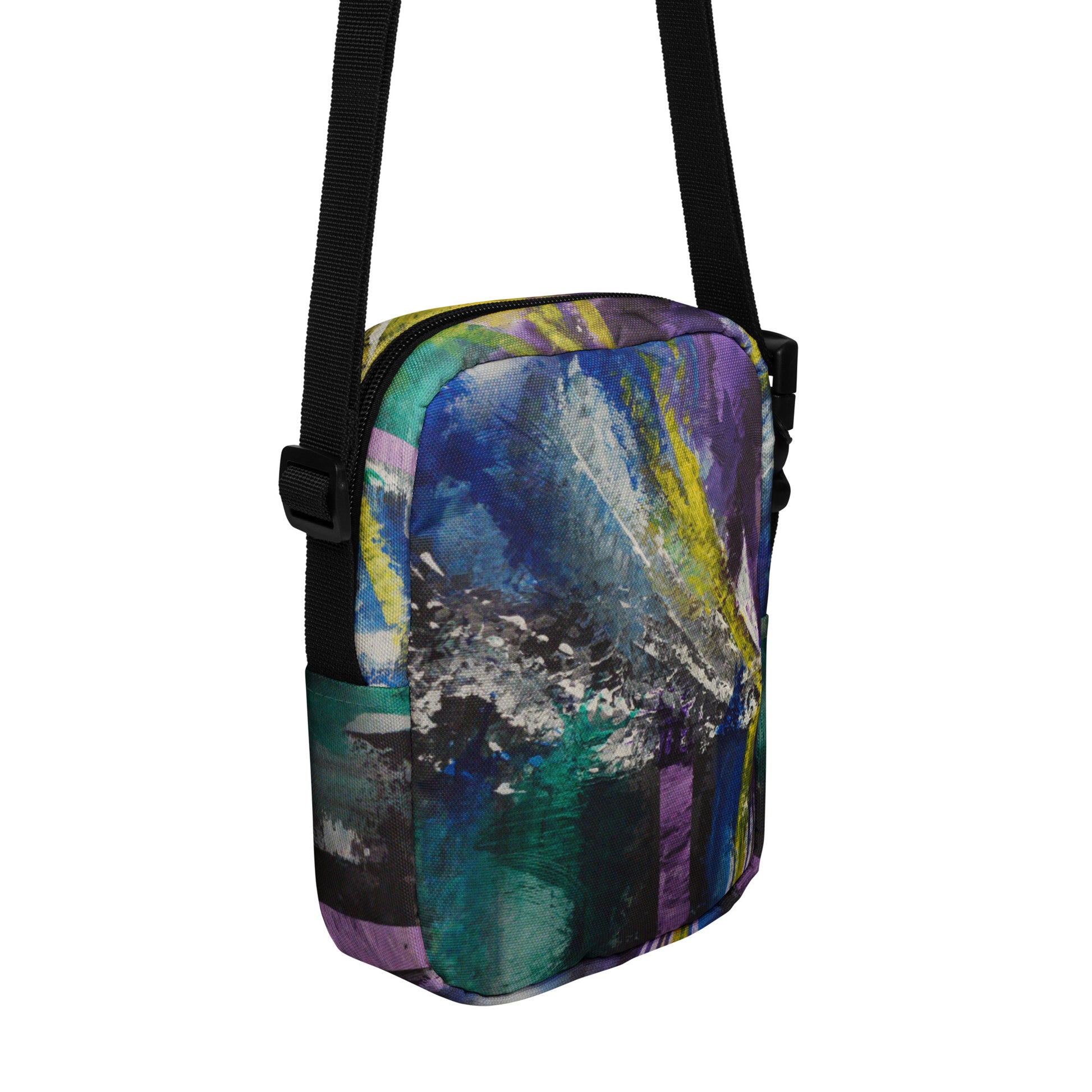 Coloré, sac à main unique. Toile abstraite Émergence. Blanc, jaune, noir, violet, turquoise, bleu.