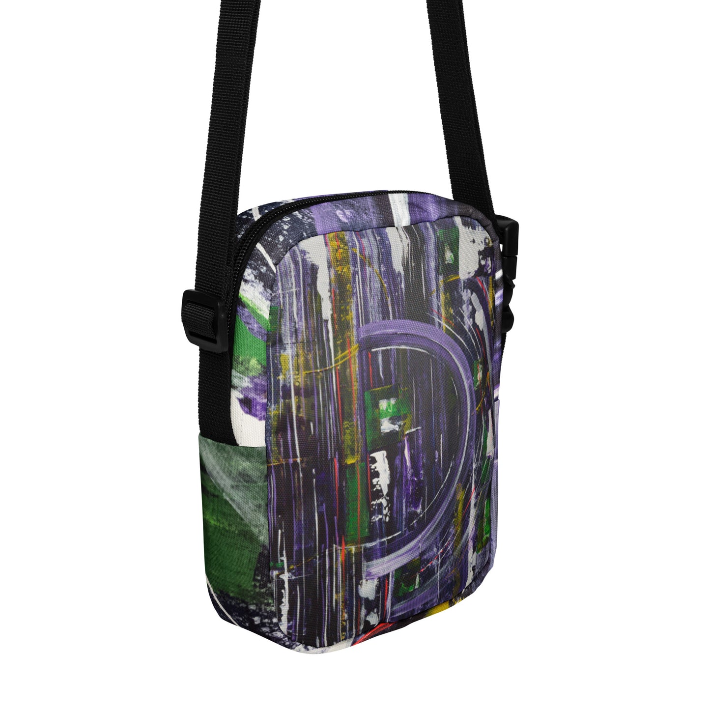 Coloré, de qualité et unique. De couleurs mauve, vert, blanc, noir et jaune. Sac à main