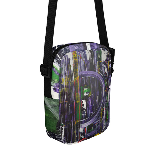 Coloré, de qualité et unique. De couleurs mauve, vert, blanc, noir et jaune. Sac à main