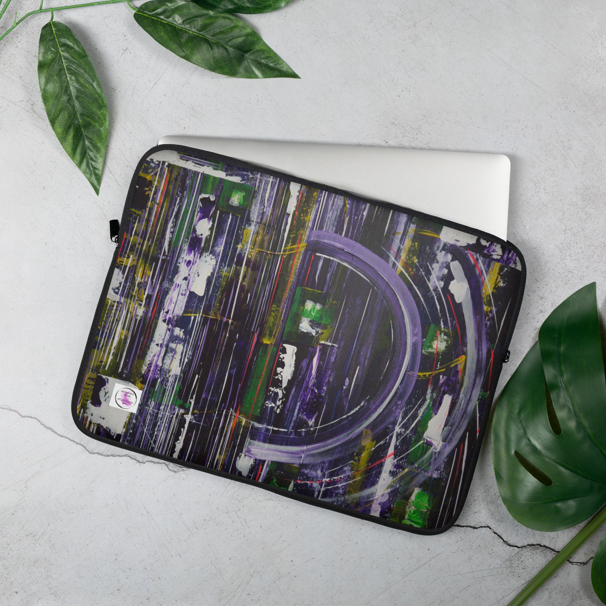Toile abstraite coloré. Qualité et unique. Ligne et cercle de couleur mauve noir blanc vert jaune